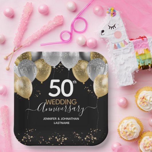 50周年記念金ゴールドグリッター風船 ペーパープレート (パーティー)