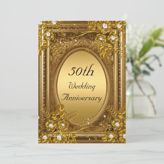 50周年記念金ゴールドダイヤモンドフローラアンティークフレーム 招待状 (スタンド正面)