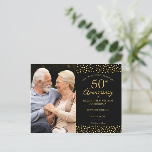 50周年記念金ゴールドハート2 Photo Save the Date 案内ポストカード (スタンド正面)