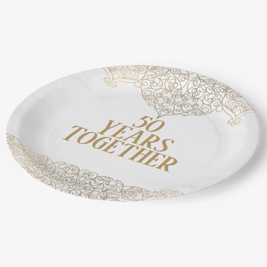 50周年記念金ゴールドレースオンホワイト紙プレート ペーパープレート (アングル)