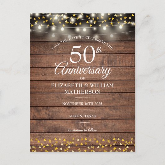 50周年記念金ゴールド素朴ハート日付の保存 案内ポストカード (正面)
