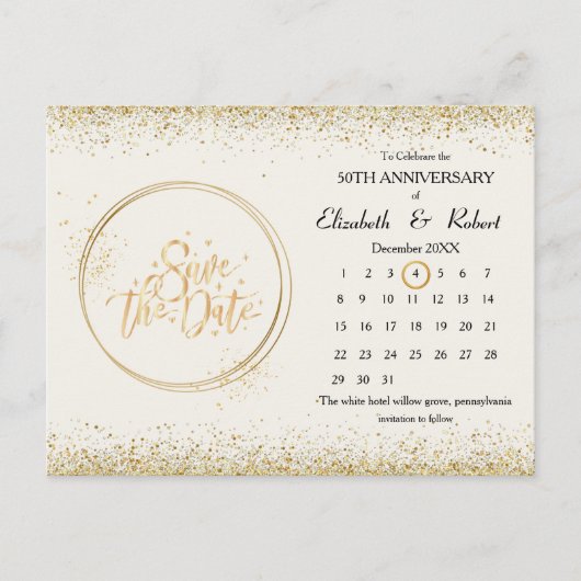 50周年記念金ゴールド結婚の日付カレンダー 案内ポストカード (正面)
