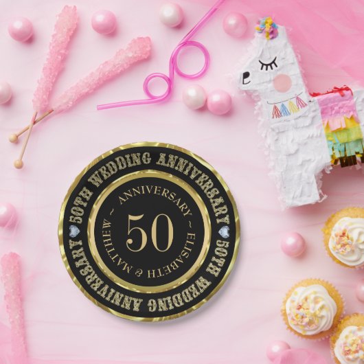 50周年記念金ゴールド&白黒ダイアモンズ ペーパープレート (パーティー)