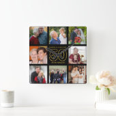 50周年記念8フォトコラージュ黒と金ゴールド スクエア壁時計 (ホーム)