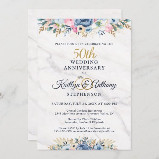 50周年記念 エレガントな花模様のゴールド ネイビーブルー 招待状 (正面/裏面)