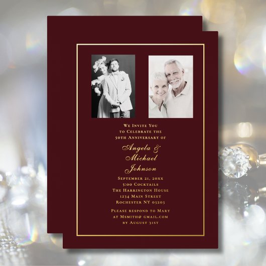 50周年記念 エレガント ダークレッド バーガンディ ゴールド 箔招待状