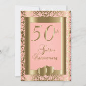 50周年記念 ゴールドとピンクのローズの結婚記念日 招待状 (正面)