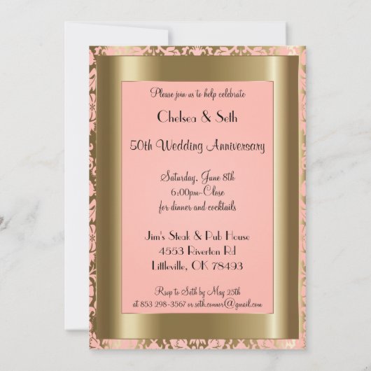 50周年記念 ゴールドとピンクのローズの結婚記念日 招待状 (裏面)