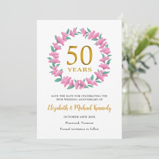 50周年記念 ゴールドアニバーサリー ピンクの花のリース セーブザデート (スタンド正面)