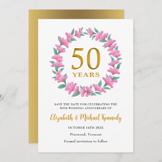 50周年記念 ゴールドアニバーサリー ピンクの花のリース セーブザデート (正面/裏面)