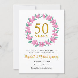 50周年記念 ゴールドアニバーサリー ピンクの花のリース セーブザデート