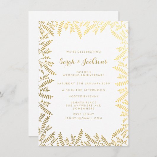 50周年記念 ゴールドアニバーサリー ホワイトゴールド フォイルの葉 招待状 (正面/裏面)