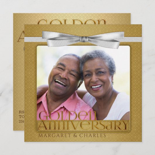 50周年記念 ゴールド ダマスク フォト 招待状 (正面/裏面)