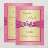 50周年記念 ピンクとゴールドのハートがつながったデザイン 招待状 (正面/裏面)