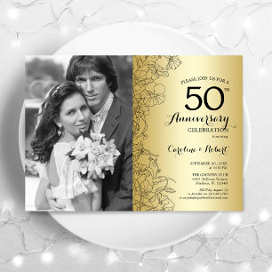 50周年記念 フォト付き - ゴールド フローラル 招待状