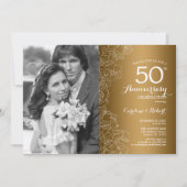 50周年記念 フォト付き - ゴールド ホワイト フラワーリング 招待状 (正面)