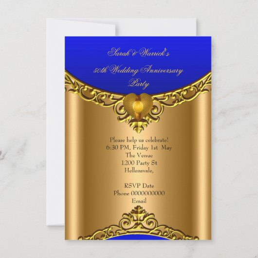 50周年記念 ロイヤルブルー ゴールド ゴールデンハート 招待状 (裏面)
