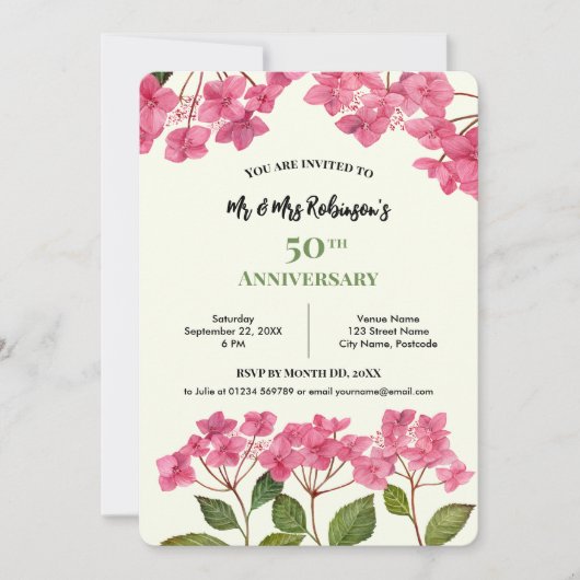 50周年記念 水彩ピンク ハイドランジア ライスキャップ 招待状 (正面)