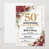 50周年記念 深紅と金のフレームのバラ 招待状 (正面/裏面)