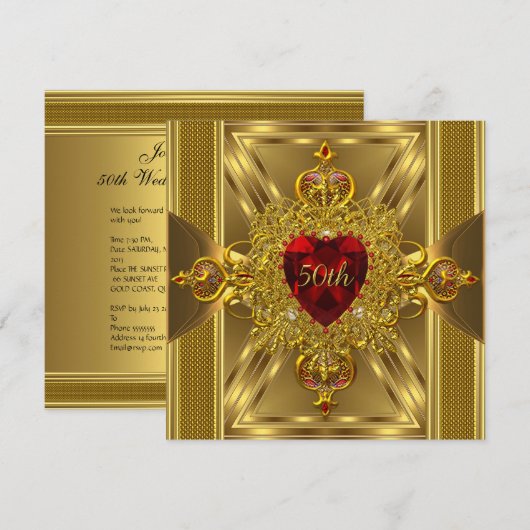 50周年記念 赤い宝石の付いたゴールドハート オルナメント 招待状 (正面/裏面)