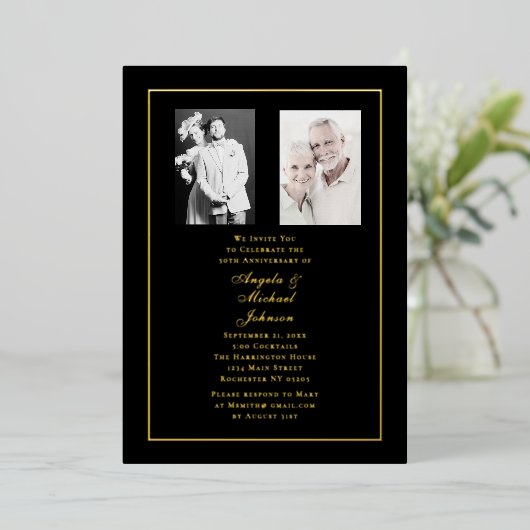 50周年記念　過去と現在　ブラックゴールド 箔招待状 (立ち正面)