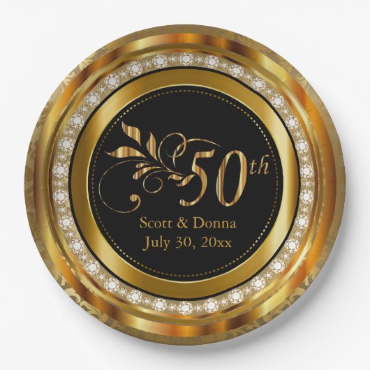 50周年記念 – 金ゴールドとダイヤモンド ペーパープレート (正面)