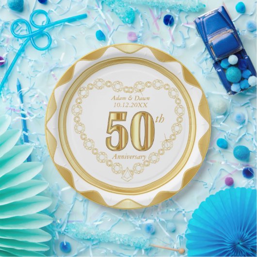 50周年記念 – 金ゴールドとホワイト ペーパープレート (パーティー)