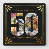 50周年記結婚念の黒と金ゴールド写真 スクエア壁時計 (正面)