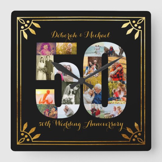 50周年記結婚念の黒と金ゴールド写真 スクエア壁時計 (正面)