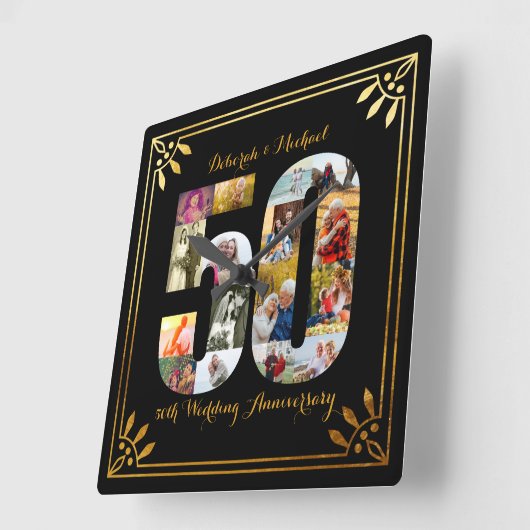 50周年記結婚念の黒と金ゴールド写真 スクエア壁時計 (傾斜)