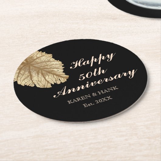 50周年記結婚念ブラック·金ゴールド ラウンドペーパーコースター (アングル)