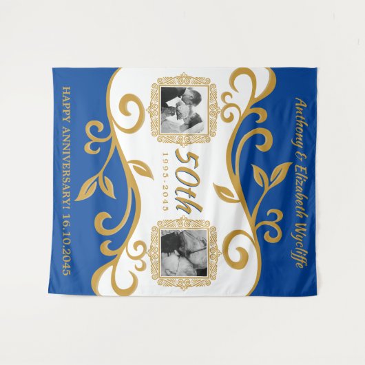 50周年記結婚念写真の追加青の金ゴールド タペストリー (正面(横))