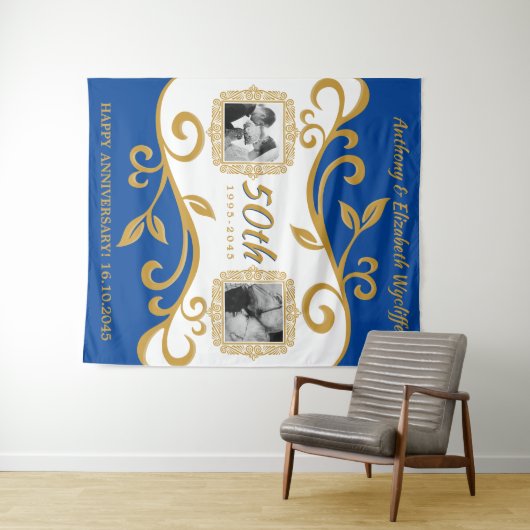 50周年記結婚念写真の追加青の金ゴールド タペストリー (インサイチュ(横))