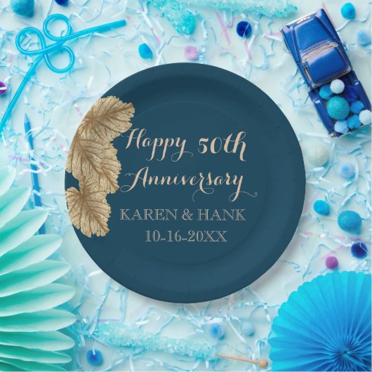 50周年記結婚念金ゴールドリーフネービーブルー ペーパープレート (パーティー)