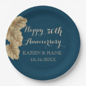 50周年記結婚念金ゴールドリーフネービーブルー ペーパープレート (正面)