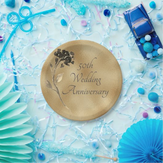 50周年金ゴールドフローラエレガント ペーパープレート (パーティー)