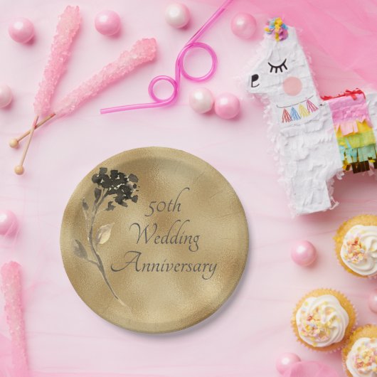 50周年金ゴールドフローラエレガント ペーパープレート (パーティー)