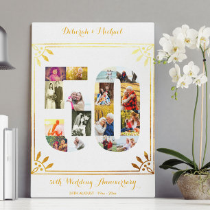 50周年金ゴールド結婚記念写真コラージュホワイト キャンバスプリント