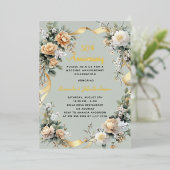 50周年黄結婚花模様金ゴールド 箔招待状 (立ち正面)