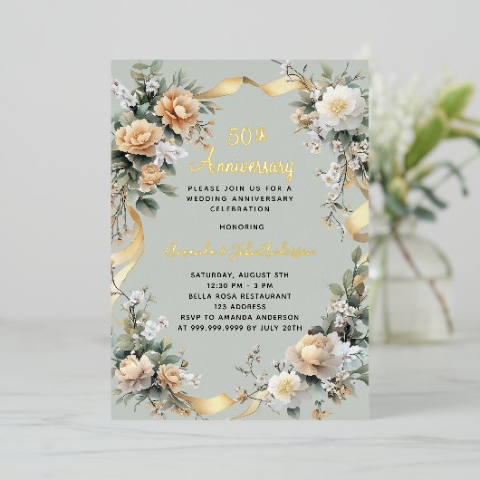 50周年黄結婚花模様金ゴールド 箔招待状 (立ち正面)