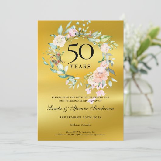 50周年 ゴールドの結婚記念日 ゴールド箔 花モチーフ セーブザデート (スタンド正面)