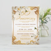 50周年 ゴールドグリッター フレーム 花柄 結婚記念日 招待状 (スタンド正面)