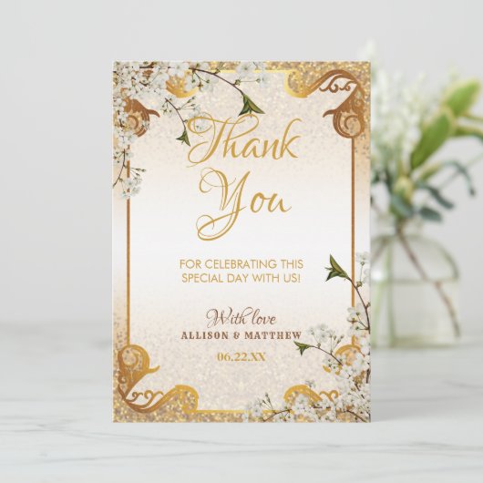 50周年 ゴールドグリッター フレーム 花 モチーフ 結婚記念日 サンキューカード (スタンド正面)