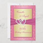 50周年 ピンクとゴールドのハートがひとつに 招待状 (正面)