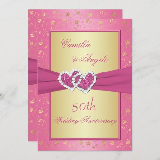 50周年 ピンクとゴールドのハートがひとつに 招待状 (正面/裏面)