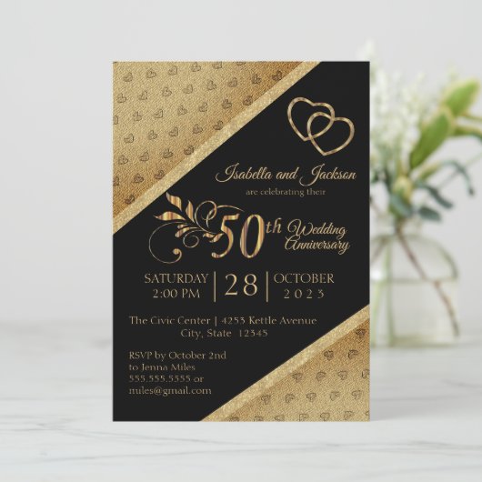 50周年 ヴィンテージ ゴールド ハート アニバーサリー デザイン 招待状 (スタンド正面)