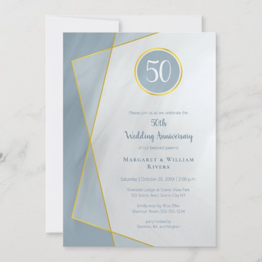 50周年 誕生日 50th ダスティーブルー ゴールドフレーム 招待状 (正面)