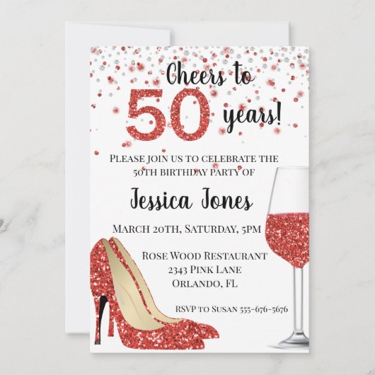 50周年 赤いグリッター ワインボトル ヒールで乾杯 招待状 (正面)