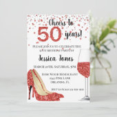 50周年 赤いグリッター ワインボトル ヒールで乾杯 招待状 (スタンド正面)