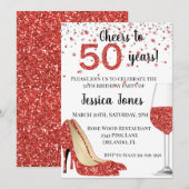 50周年 赤いグリッター ワインボトル ヒールで乾杯 招待状 (正面/裏面)
